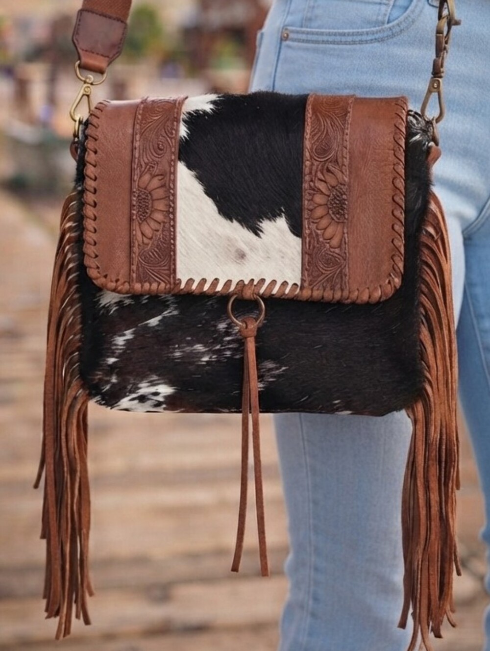 Myra Bag Tooled Leather & Genuine Cowhide Western Bag Adjustable Strap Fringes